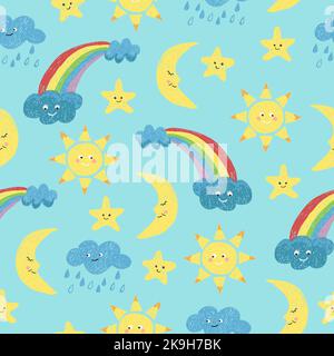 Children drawings seamless pattern. Vector background with doodle sun, moon, clouds and rainbow Stock Vector