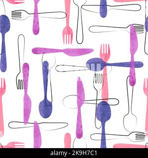 Watercolor cutlery seamless pattern in pink and purple colors. Vector background with spoons, forks and knives Stock Vector