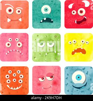Watercolor cartoon monster faces set. Vector collection of cute square avatars Stock Vector