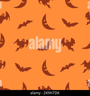 Vector orange Halloween background with ghosts, bats and moon. Seamless holiday pattern Stock Vector