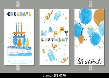 Set of watercolor birthday greetings card design in blue and gold colors. Vector illustration Stock Vector