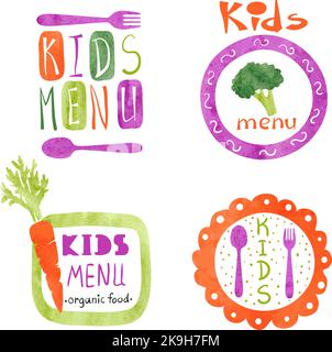 Watercolor kids menu logo design set. Collection of colorful vector menu emblems Stock Vector