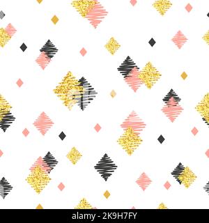Seamless pattern with pink, black and golden glittering rhombuses. Vector celebration background Stock Vector