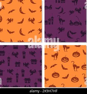 Set of Halloween seamless pattern in orange and purple colors. Collection of holiday vector backgrounds Stock Vector