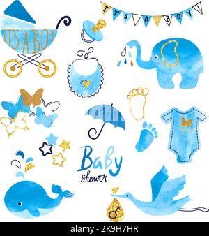 Watercolor Baby Shower boy set. Collection of vector design elements Stock Vector