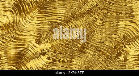 Seamless gold stained glass refraction waves background texture. Shiny golden yellow molten abstract reflective gold foil relief pattern. Christmas or Stock Photo