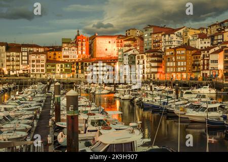 Port of Bermeo at sunrise Stock Photo