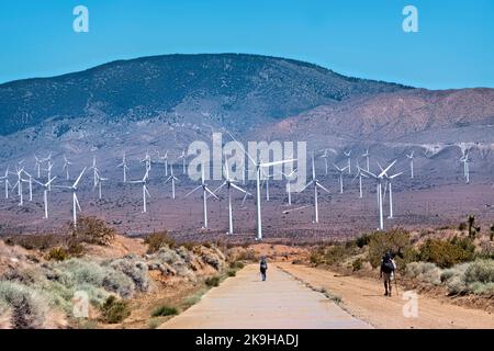 Hiking near windmills in the Mojave Desert,  Pacific Crest Trail, Tehachapi, California, USA Stock Photo