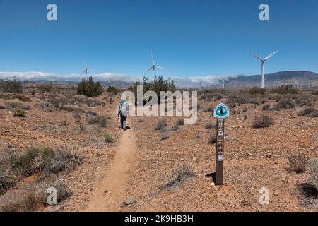 Hiking near windmills in the Mojave Desert, , Pacific Crest Trail, Tehachapi, California, USA Stock Photo