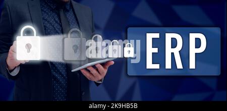 Text caption presenting Erp. Word Written on enterprise resource planning centralized database for business processes Man With Pen Pointing On Digital Stock Photo