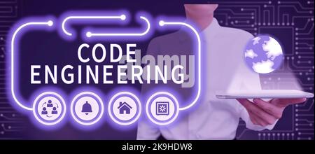 Text sign showing Code Engineering. Business approach significant ideas that are completely or partly repressed Businesswoman Holding A Tablet With Stock Photo
