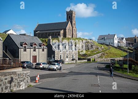 Our Lady, Star of the Sea Catholic Church overlooking Castlebay on the Isle of Barra, Outer Hebrides, Scotland, UK. Stock Photo