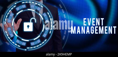 Writing displaying text Event Management. Internet Concept everything that happens is part of a bigger picture Businessman Pointing On Unlock Stock Photo