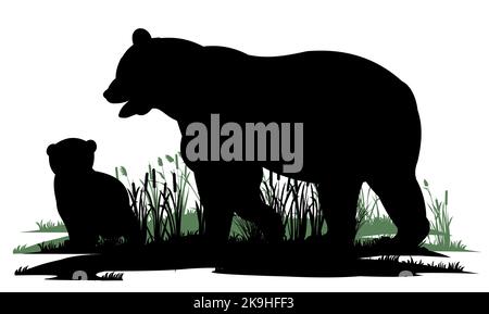 Mother bear with cub. Wild animals. Silhouette figures. Glade in swamp. Grass and reeds. Isolated on white background. Vector. Stock Vector