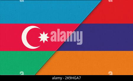 War in Nagorno-Karabakh. Military conflict between Azerbaijan and Armenia. Two Flag Together - Fabric Texture. Double flag of two Caucasus states. Aze Stock Photo