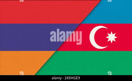 Azerbaijani and Armenian state flags. War in Nagorno-Karabakh. Military conflict between Azerbaijan and Armenia. Two Flag Together - Fabric Texture. D Stock Photo