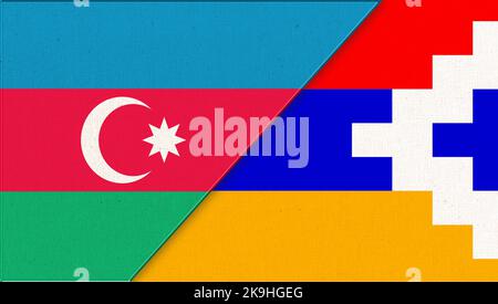 Flag of Azerbaijan and Nagorno-Karabakh - 3D illustration. Two Flag Together. National symbols of Azerbaijan and Nagorno-Karabakh. War in Nagorno-Kara Stock Photo