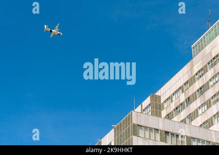 MADRID, SPAIN – OCTOBER 6, 2021: Military aircraft flying in a rehearsal of the Spanish National Day air parade celebrated on October 12 in Madrid, Sp Stock Photo