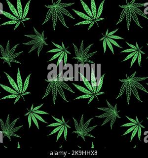 Cannabis leaves pattern on black background in hand drawn style for print and design.Vector illustration. Stock Vector