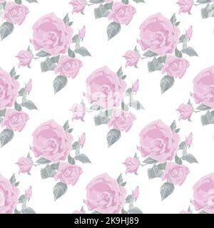 Pattern of pink roses on a white background in the style of hand-drawing for print and design. Vector illustration. Stock Vector