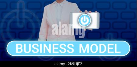Sign displaying Business Model. Concept meaning Increase in global average temperature Weather transformation Woman Showing Tablet With Power Button Stock Photo