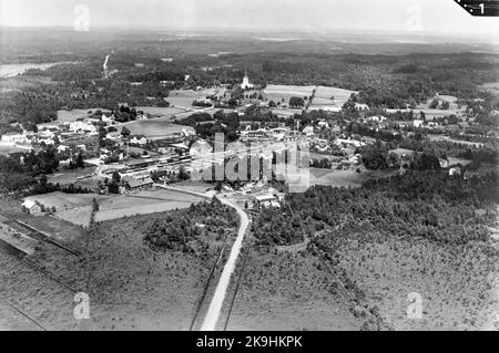 Aerial photo over Stationstation built in 1889. One -story plastered station building Stock Photo