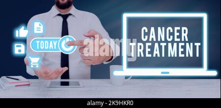 Inspiration showing sign Cancer Treatment. Business approach financial transactions are executed in electronic format Man Presenting Graphical Stock Photo