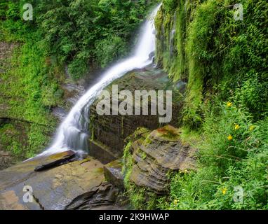 Lucifer falls flows powerfully after prolonged summer rains, Robert Treman State Park, Tompkins County, New York Stock Photo