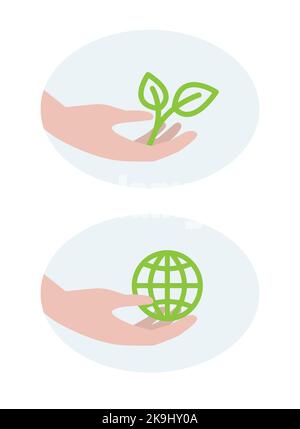 Hands holding leaf and globe icons. Saving earth. Vector illustrations. Stock Vector