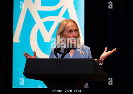 Bryn Mawr, United States. 28th Oct, 2022. Congresswoman Mary Gay Scanlon ( D-PA-05) speaks ahead of a conversation on protecting reproductive rights with US Vice President Kamala Harris and Sophia Bush at Bryn Mawr College in Bryn Mawr, Pennsylvania, US on Friday, Oct 28, 2022. The Biden administration has sought to spotlight efforts to protect abortion access after the Supreme Court struck down Roe v. Wade earlier this year, the landmark ruling that had guaranteed abortion rights for nearly 50 years. (Photo by Hannah Beier/Sipa USA) Credit: Sipa USA/Alamy Live News Stock Photo