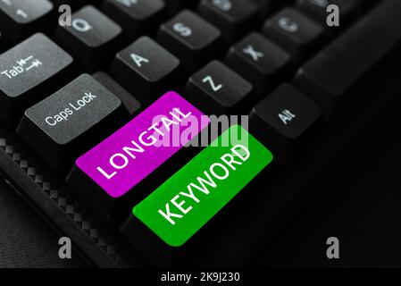 Hand writing sign Longtail Keyword. Word for designed for processing large amounts of information Stock Photo