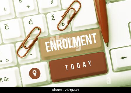 Hand writing sign Enrolment. Conceptual photo surroundings in which person, animal, or plant lives or operates Abstract Creating Online Transcription Stock Photo