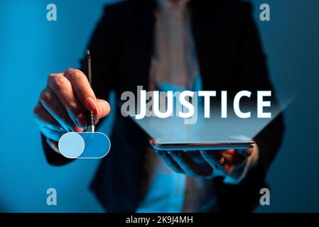 Conceptual caption Justice. Internet Concept use of power as appointed by law standards to support fair treatment Stock Photo