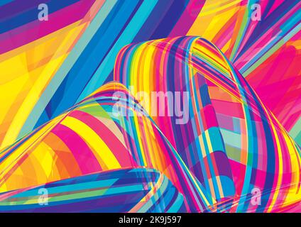 Abstract colorful artistic background with multicolor complicated curved stripes. Saturated vector graphic pattern. CMYK colors Stock Vector
