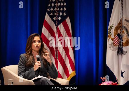 Bryn Mawr, United States. 28th Oct, 2022. Sophia Bush speaks during a conversation on protecting reproductive rights with US Vice President Kamala Harris and Congresswoman Mary Gay Scanlon ( D-PA-05) at Bryn Mawr College in Bryn Mawr, Pennsylvania, US on Friday, Oct 28, 2022. The Biden administration has sought to spotlight efforts to protect abortion access after the Supreme Court struck down Roe v. Wade earlier this year, the landmark ruling that had guaranteed abortion rights for nearly 50 years. (Photo by Hannah Beier/Sipa USA) Credit: Sipa USA/Alamy Live News Stock Photo