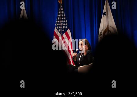 Bryn Mawr, United States. 28th Oct, 2022. US Vice President Kamala Harris speaks during a conversation on protecting reproductive rights with Congresswoman Mary Gay Scanlon ( D-PA-05) and Sophia Bush at Bryn Mawr College in Bryn Mawr, Pennsylvania, US on Friday, Oct 28, 2022. The Biden administration has sought to spotlight efforts to protect abortion access after the Supreme Court struck down Roe v. Wade earlier this year, the landmark ruling that had guaranteed abortion rights for nearly 50 years. (Photo by Hannah Beier/Sipa USA) Credit: Sipa USA/Alamy Live News Stock Photo