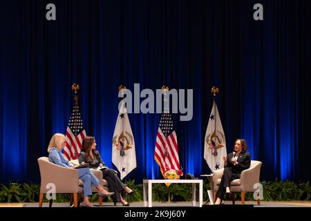 Bryn Mawr, United States. 28th Oct, 2022. US Vice President Kamala Harris speaks during a conversation on protecting reproductive rights with Congresswoman Mary Gay Scanlon ( D-PA-05) and Sophia Bush at Bryn Mawr College in Bryn Mawr, Pennsylvania, US on Friday, Oct 28, 2022. The Biden administration has sought to spotlight efforts to protect abortion access after the Supreme Court struck down Roe v. Wade earlier this year, the landmark ruling that had guaranteed abortion rights for nearly 50 years. (Photo by Hannah Beier/Sipa USA) Credit: Sipa USA/Alamy Live News Stock Photo