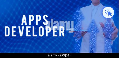 Inspiration showing sign Apps Developer. Internet Concept Setting oneself on the activity Being Prepared Businessman in suit holding tablet Stock Photo