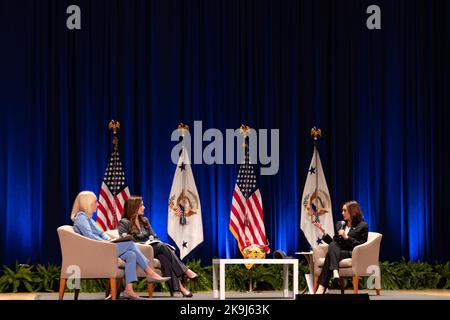 Bryn Mawr, United States. 28th Oct, 2022. US Vice President Kamala Harris speaks during a conversation on protecting reproductive rights with Congresswoman Mary Gay Scanlon ( D-PA-05) and Sophia Bush at Bryn Mawr College in Bryn Mawr, Pennsylvania, US on Friday, Oct 28, 2022. The Biden administration has sought to spotlight efforts to protect abortion access after the Supreme Court struck down Roe v. Wade earlier this year, the landmark ruling that had guaranteed abortion rights for nearly 50 years. (Photo by Hannah Beier/Sipa USA) Credit: Sipa USA/Alamy Live News Stock Photo