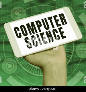 Text sign showing Computer Science. Business concept instruct and help users acquire proficiency in computer Important Idea Shown On Phone On Desk Stock Photo