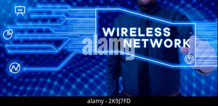 Sign displaying Wireless Network. Business approach nonobjective motif that cannot be described any other way. Businessman in suit holding open palm Stock Photo