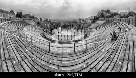 TAORMINA, ITALY - AUGUST 11, 2021: Scenic view inside the Ancient theatre of Taormina, Sicily, Italy. It was built in the third century BC and it's st Stock Photo