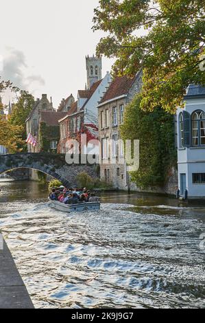 Autumn canal scene on the Groenerei in Bruges, Belgium Stock Photo