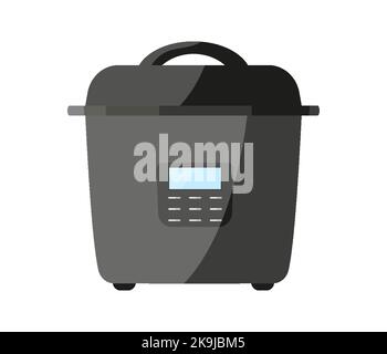 Multicooker food automatic tech cooker black flat. Self cooking integrated menu built in program selection display control screen closed saucepan front electric timer pressure slow cook icon isolated Stock Vector