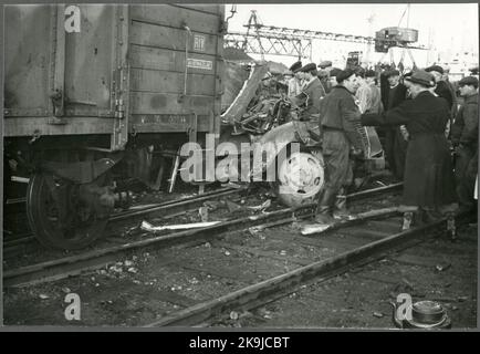 The picture taken in connection with an accident at Gävle harbor, Fredriksskans, when a freight wagon collided with a truck. Stock Photo
