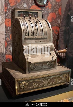 Liepaja, Latvia - 13 August 2019: Old LMT cash-register in the exhibition of historical museum, selective focus. Vintage cash register of the 19th cen Stock Photo