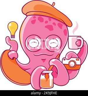 Cute Designer Octopus Smiling Doing Multi Tasks with its Tentacles Stock Vector