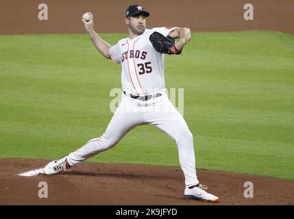 Houston, USA. 28th Oct, 2022. Houston Astros starting pitcher Justin Verlander throws in the first inning against the Philadelphia Phillies in game one of the 2022 World Series at Minute Maid Park in Houston on Friday, October 28, 2022. Photo by John Angelillo/UPI. Credit: UPI/Alamy Live News Stock Photo