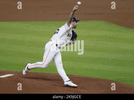 Houston, USA. 28th Oct, 2022. Houston Astros starting pitcher Justin Verlander throws in the second inning against the Philadelphia Phillies in game one of the 2022 World Series at Minute Maid Park in Houston on Friday, October 28, 2022. Photo by John Angelillo/UPI. Credit: UPI/Alamy Live News Stock Photo