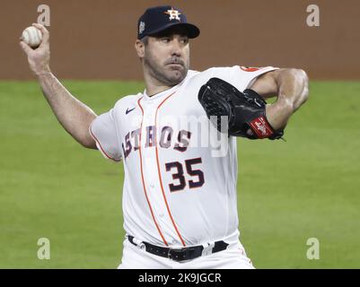 Houston, USA. 28th Oct, 2022. Houston Astros starting pitcher Justin Verlander throws in the first inning against the Philadelphia Phillies in game one of the 2022 World Series at Minute Maid Park in Houston on Friday, October 28, 2022. Photo by John Angelillo/UPI. Credit: UPI/Alamy Live News Stock Photo